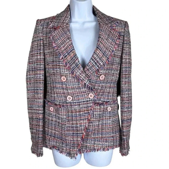 Veronica Beard Jackets & Blazers - Veronica Beard Theron Double Breasted Tweed Jacket Blazer Frayed Trim Size 2